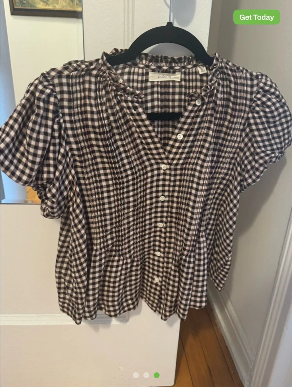 Doen Millie Gingham Puff-Sleeve Button-Down Top